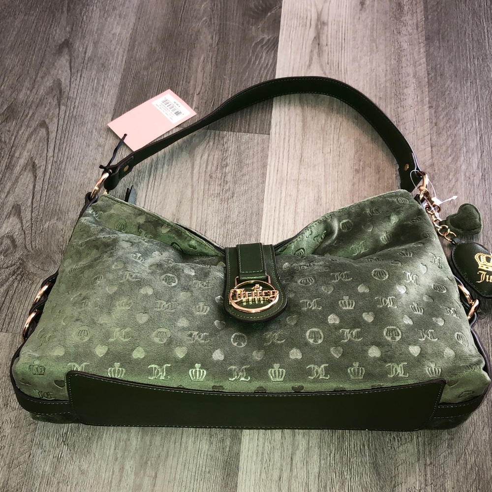 Juicy Couture Supergreens First Class Couture Hobo Bag Velvet & Faux Leather NWT